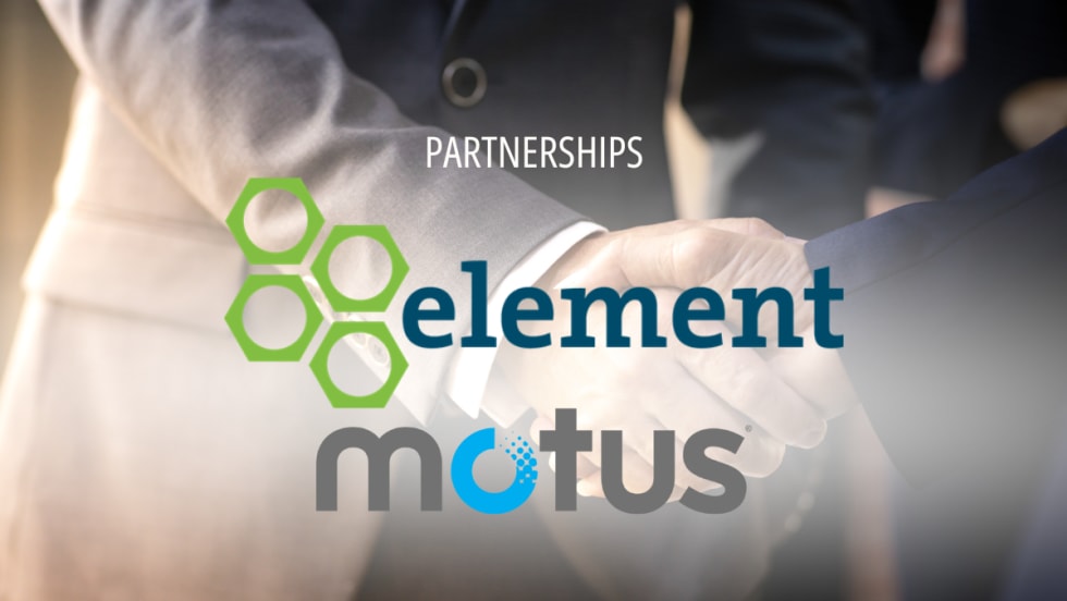 Handshake in background with Partnerships and Element and Motus Logos. 