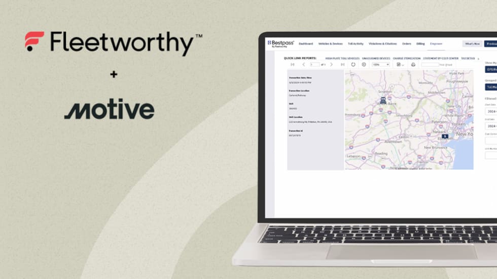 Beige background with image of laptop screen and logos for Fleetworthy and Motive.
