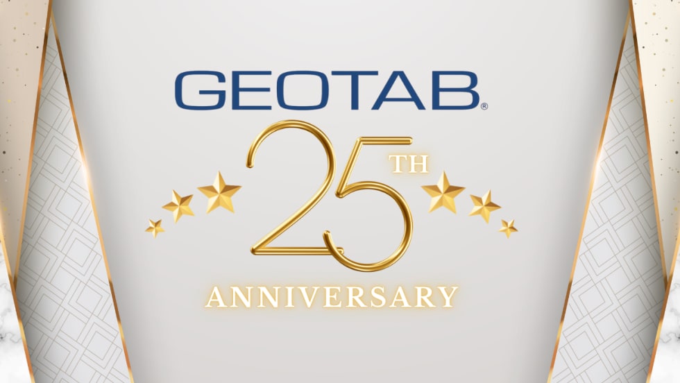 Geotab 25th anniversary celebration graphic with gold stars and text on a white and gold backdrop.