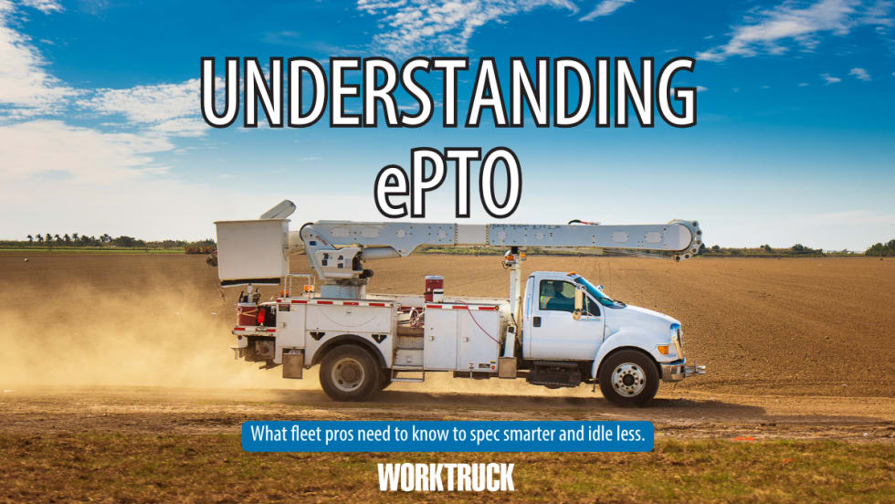 White utility truck with an aerial lift boom driving through a dirt field under a blue sky, representing vehicles that commonly use power take-off (PTO) or electric PTO (ePTO) systems.