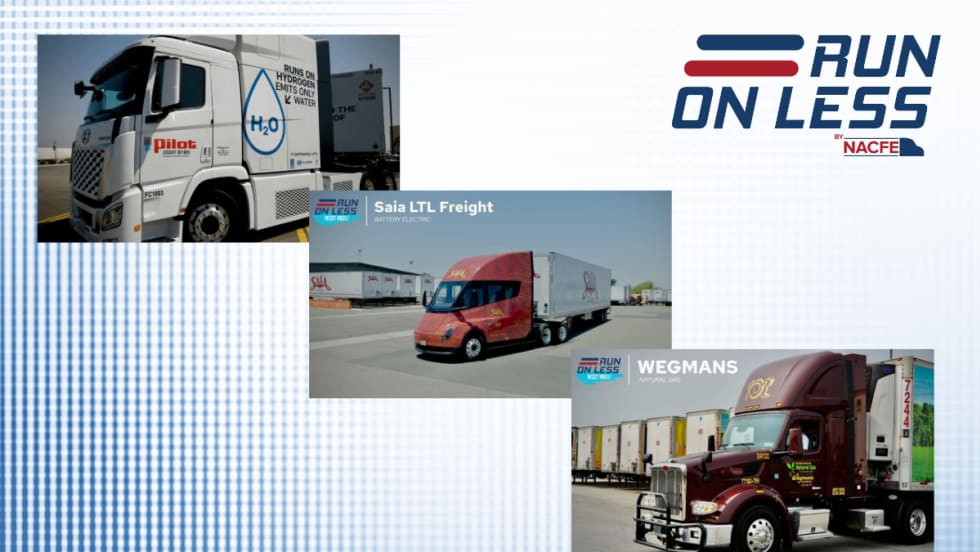 Three trucks from NACFE’s Run on Less – Messy Middle event, showcasing hydrogen, battery-electric, and natural gas powertrains, with company branding from Pilot, Saia LTL Freight, and Wegmans.