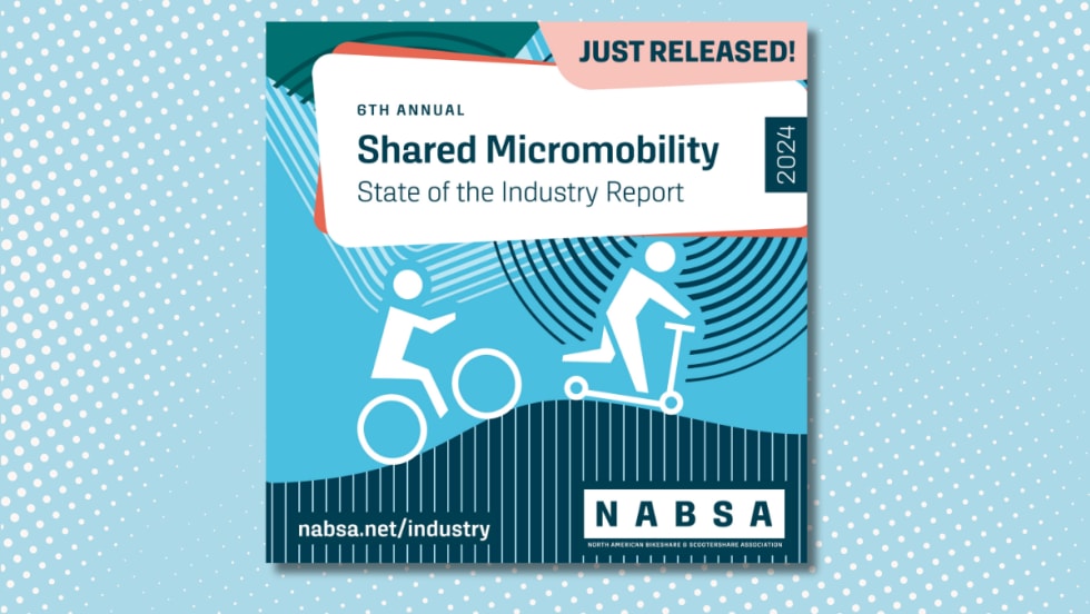 Graphic for NABSA’s 6th Annual Shared Micromobility State of the Industry Report 2024, showing stylized icons of a bicyclist and scooter rider, with text promoting the report release.