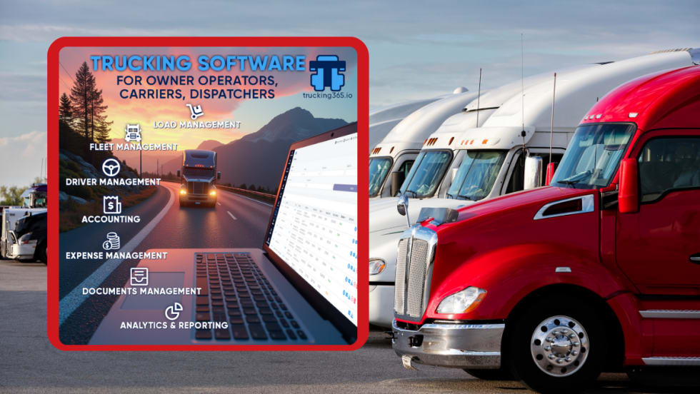 Inset image of trucking set against a background of a row of parked Class 8 tractors.