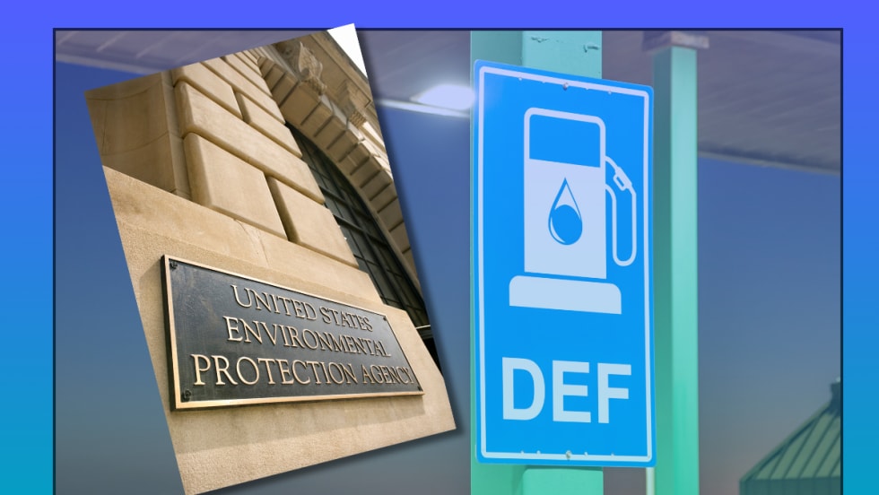 Illustration showing diesel exhaust fluid pump sign and EPA headquarters
