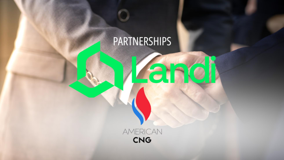 Handshake symbolizing Landi Technologies and American CNG partnership to launch first integrated RNG/CNG solution for medium-duty trucks across North America.