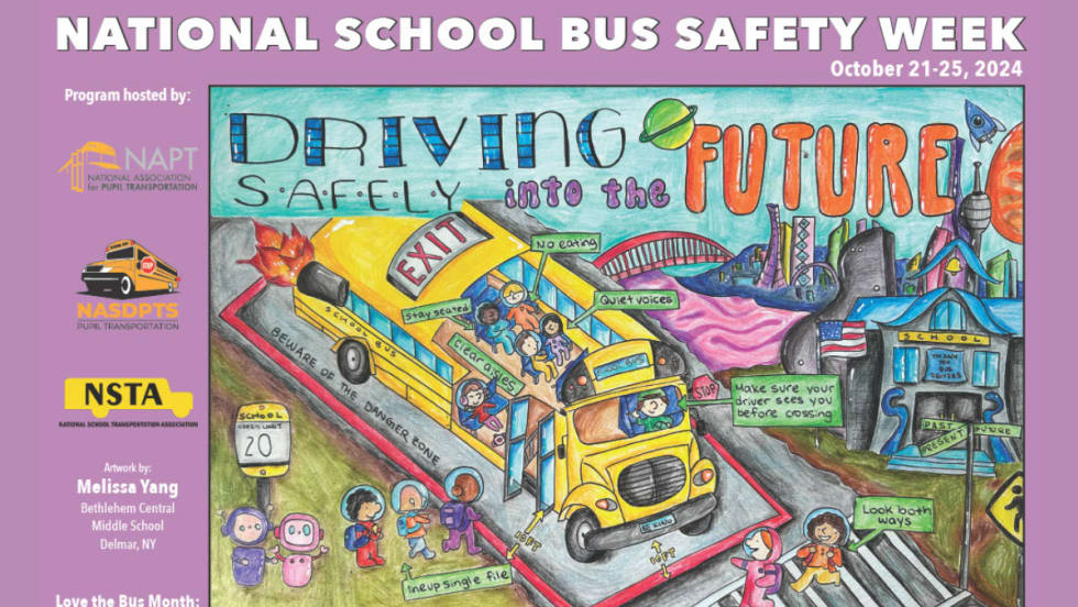 Winning school bus safety poster by Melissa Yang, themed “Driving Safely Into the Future,” shows bus safety tips and a futuristic city for National School Bus Safety Week, Oct. 21-25, 2024.