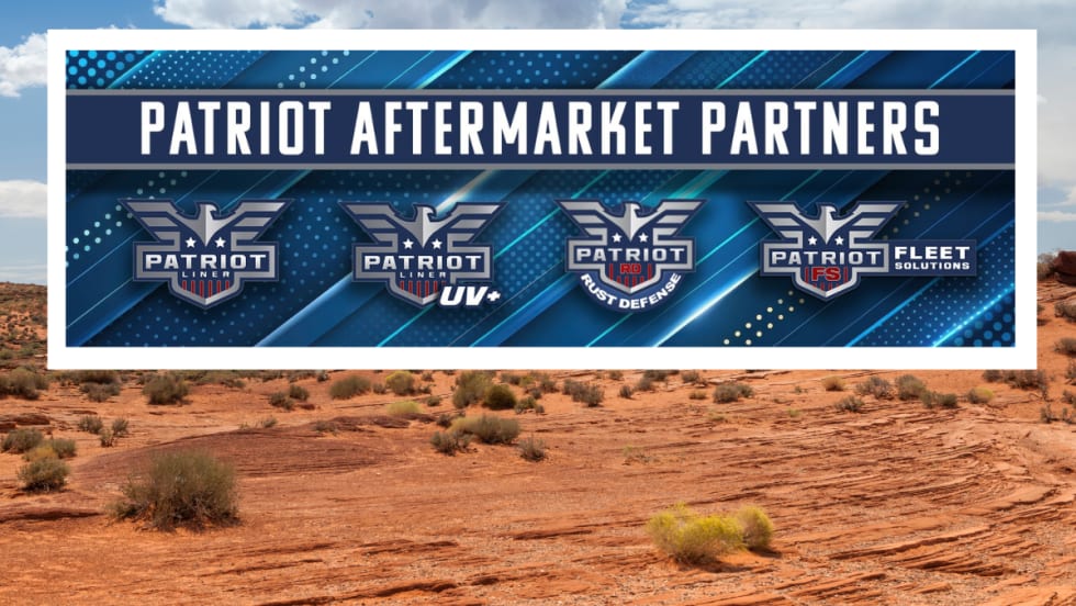 A graphic with multiple brand logos for Patriot Aftermarket Solutions set against a desert background.
