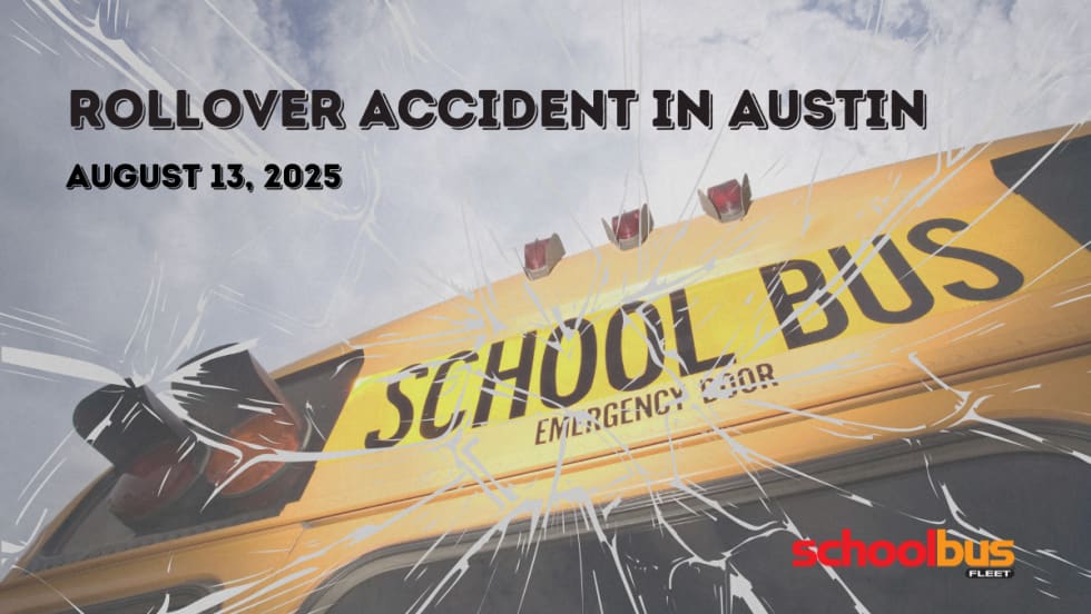 Image of a school bus with text reading "Rollover Accident in Austin".