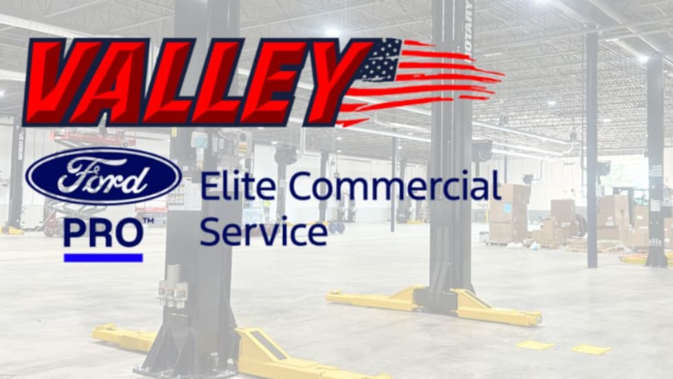 Background image of an automotive shop interior with logos for Valley, Ford Pro, and Elite Commercial Service.