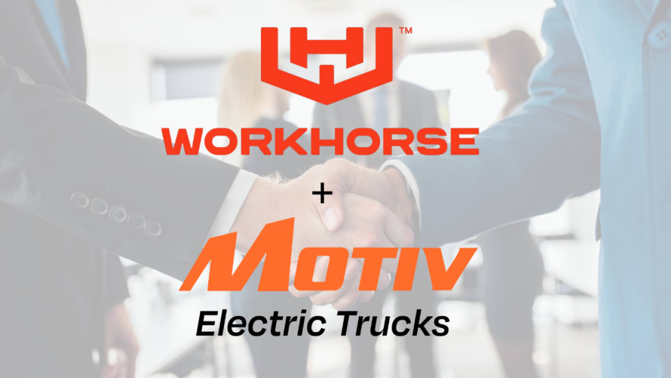 Faint background image of a handshake and business people, with inset logos for Workhorse and Motiv Electric Trucks.