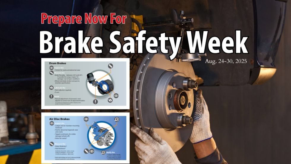 Background image of hands repairing brakes and headline for Prepare now for Brake Safety Week and two inset graphics about brakes.