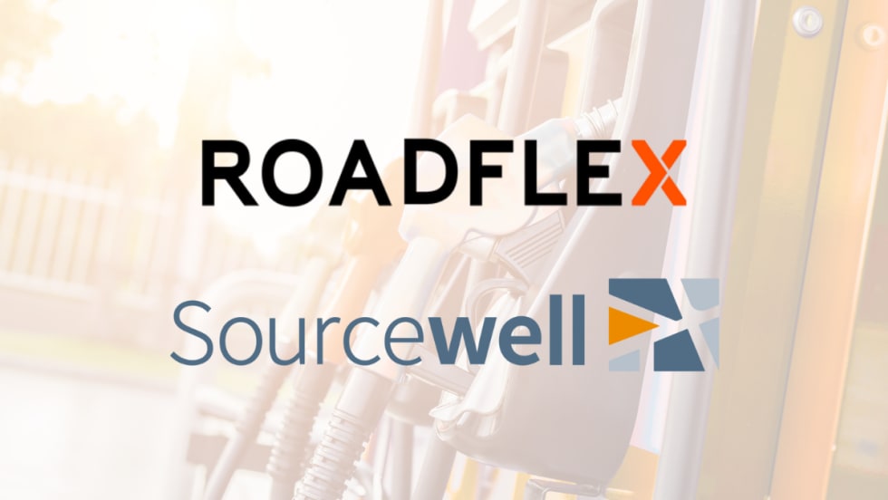 Logos of RoadFlex and Sourcewell displayed over a blurred background of a fuel pump nozzle, representing their new cooperative purchasing contract partnership.