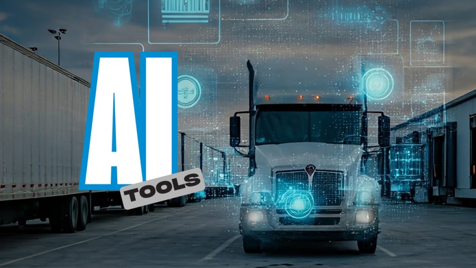 A semi-truck with digital overlays representing AI technology. Fleetworthy is rolling out new AI tools for fleet safety, compliance, toll management, and real-time risk monitoring.