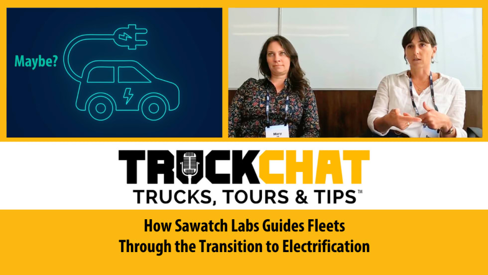 Thumbnail for Truck Chat: Trucks, Tours & Tips video series with inset top left graphic looking like an EV and inset top right photo of two women and headline How Sawatch Labs Guides Fleets