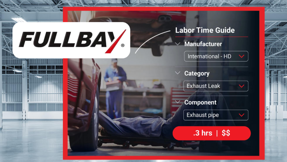 Background shop image with inset image of mechanics working on a vehicle, bullet points about a software integration, and a logo for Fullbay.