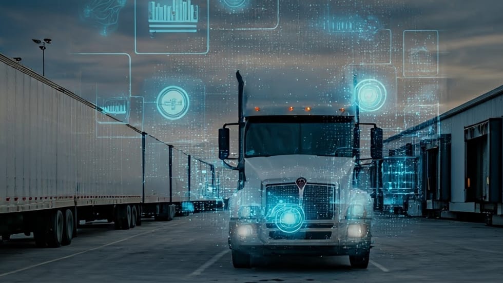A semi-truck at a loading dock overlaid with digital icons, symbolizing Fleetworthy’s integration of AI technology into fleet safety, compliance, and operations.