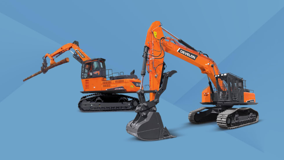 Two orange Develon tracked forestry machines, including a log loader lifting a large tree and a road builder with reinforced cab, displayed on a blue background.