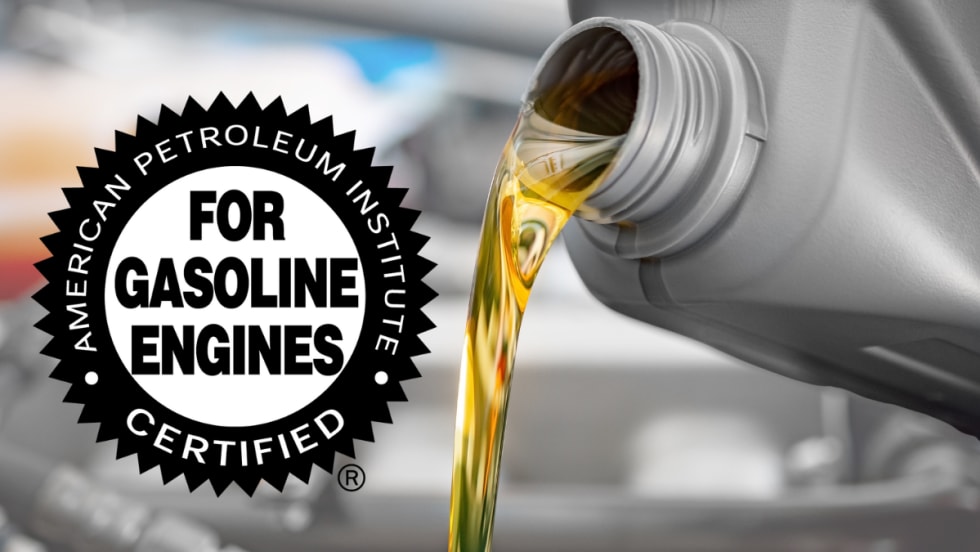 Image of oil pouring from a plastic bottle and inset logo for For Gasoline Engines certification.