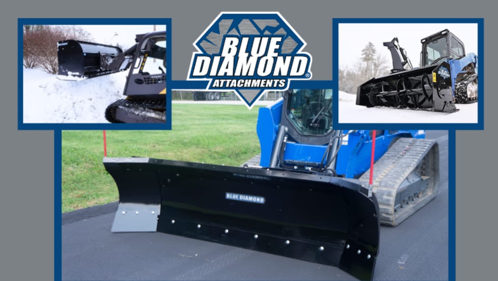 Gray background, upper middle logo for Blue Diamond Attachments and three inset photos of snow removal equipment.