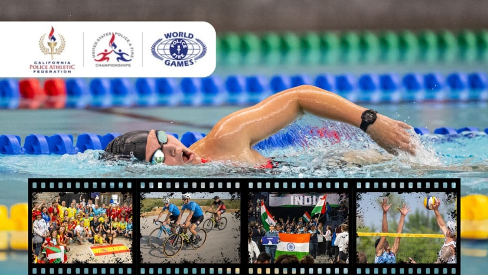 Swimmer in pool with World Police & Fire Games logos, sports montage film strip