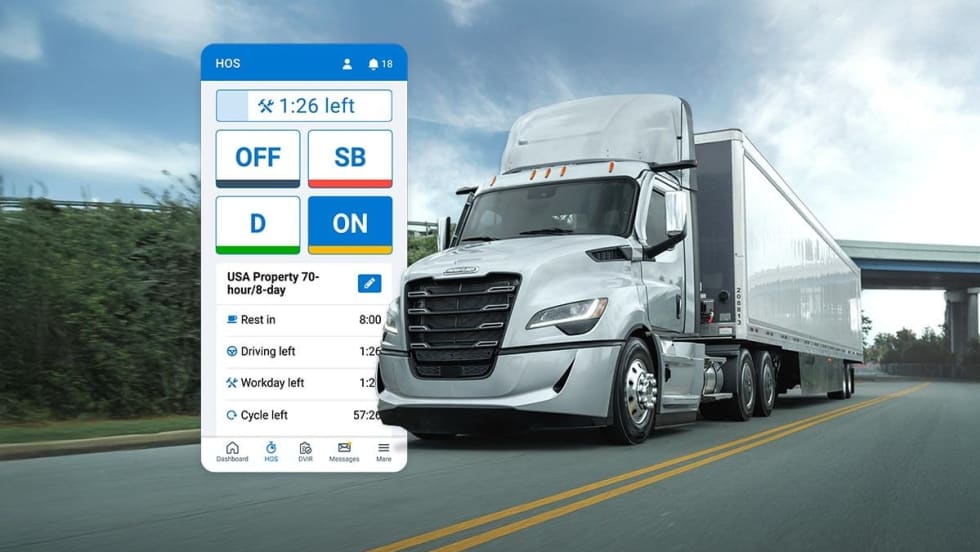 Image of Freightliner truck on highway with Geotab ELD screen