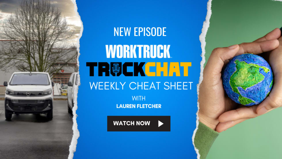 Work Truck’s Truck Chat Weekly Cheat Sheet graphic promoting new episode with Lauren Fletcher, highlighting fleet metrics, grille guards, winter fuel prep, and Stellantis hydrogen news.