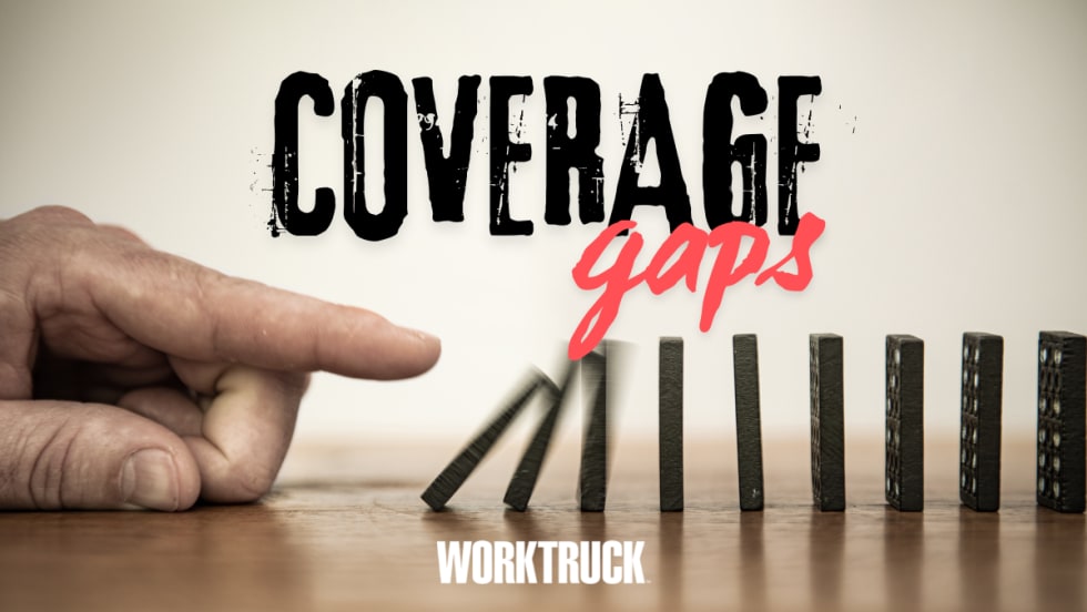 Hand pushing dominoes with the words “Coverage Gaps,” symbolizing how small insurance gaps can trigger bigger problems.