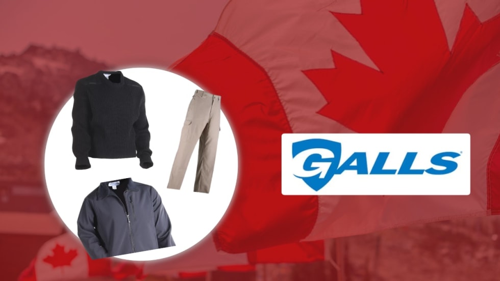 Galls logo with tactical clothing on Canadian flag background