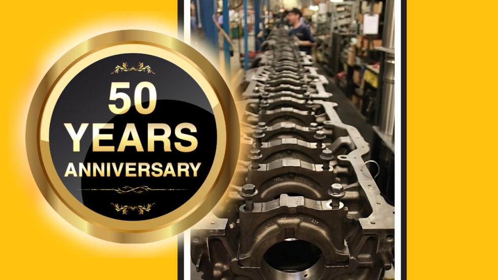 Gold background with inset round graphic for 20 years anniversary and an inset image of automotive part remanufacturing line.