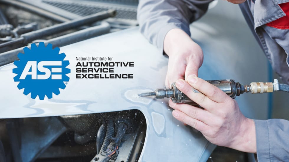 Close up of hands and tool doing collision repair on the side of a car and inset logo for ASE.