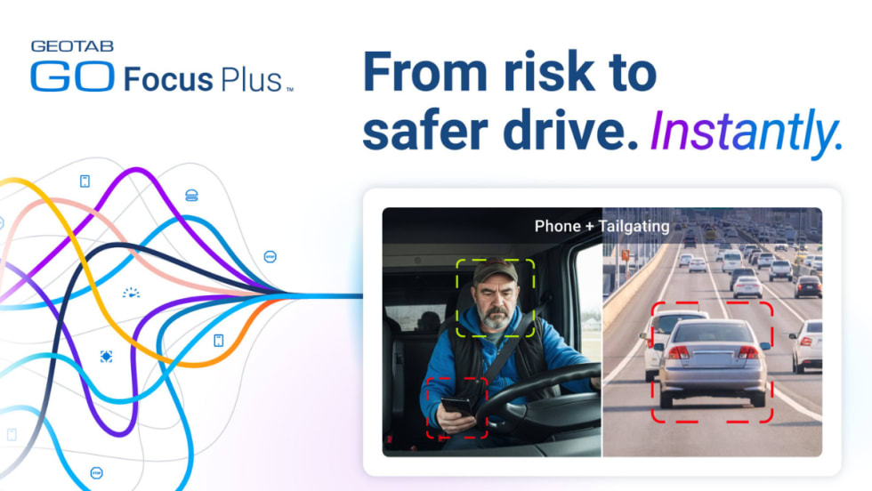 Illustration showing Geotab GO Focus Plus detecting a truck driver using a phone and tailgating on a highway, with alerts highlighted on the screen.