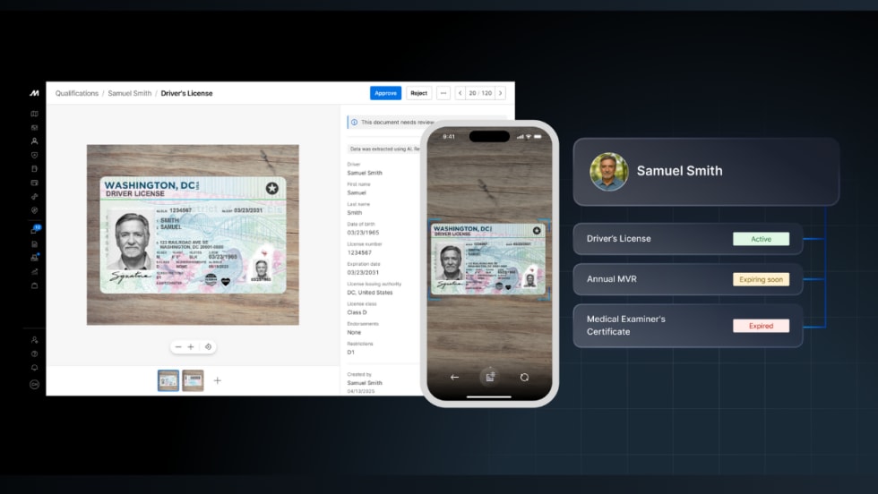 Screenshot showing Motive’s AI Document Capture tool scanning a driver’s license, extracting details such as expiration date, and displaying compliance status updates.