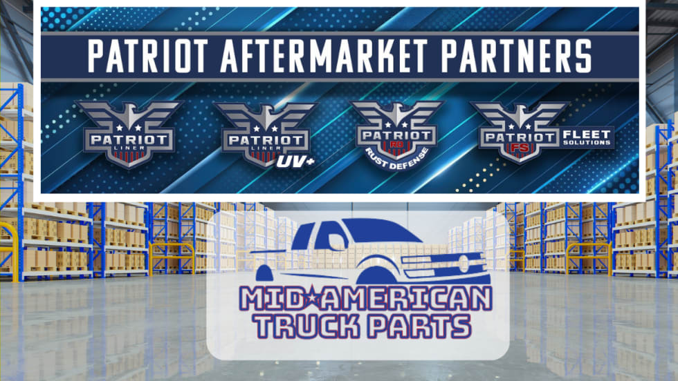 Company logos for Patriot Aftermarket Partners and Mid-America Truck Parts in front of background image of a warehouse.