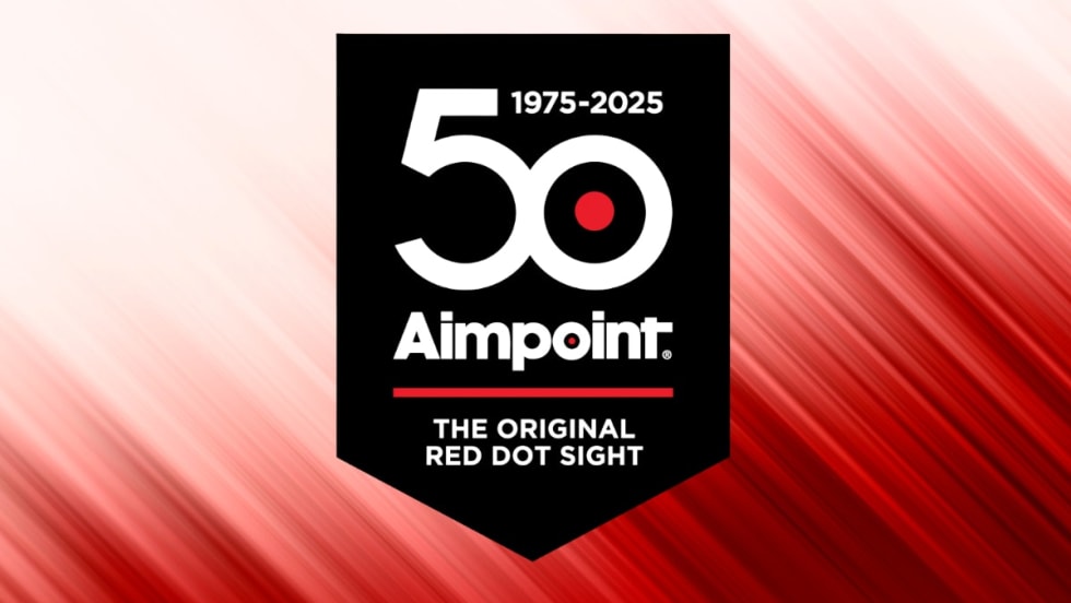 Aimpoint 50th Anniversary Logo - Black Shield with White and Red Design