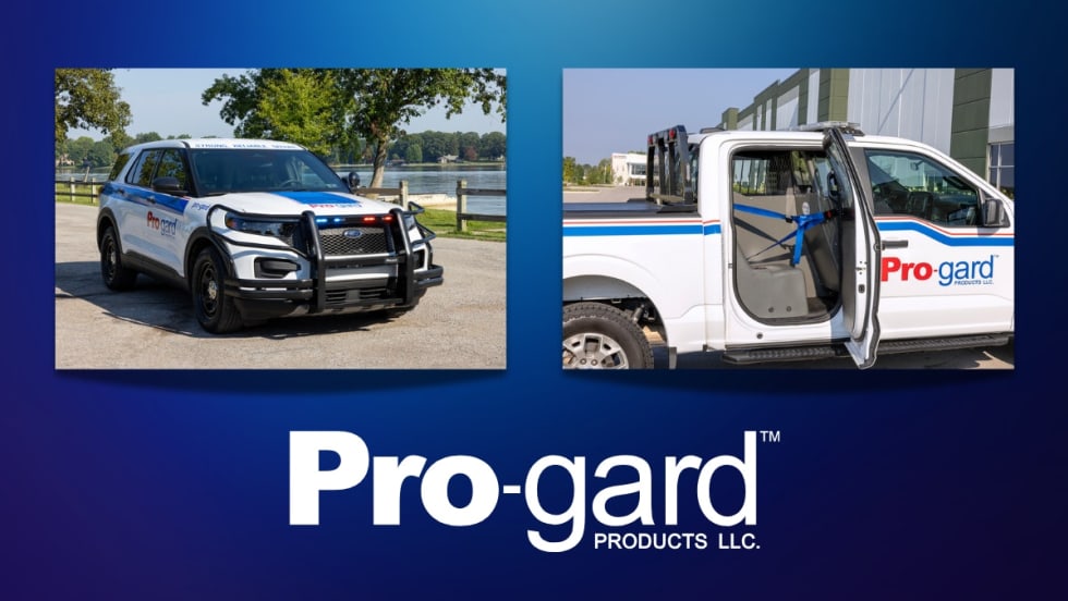 Pro-gard Products LLC logo with white and blue branded service vehicles