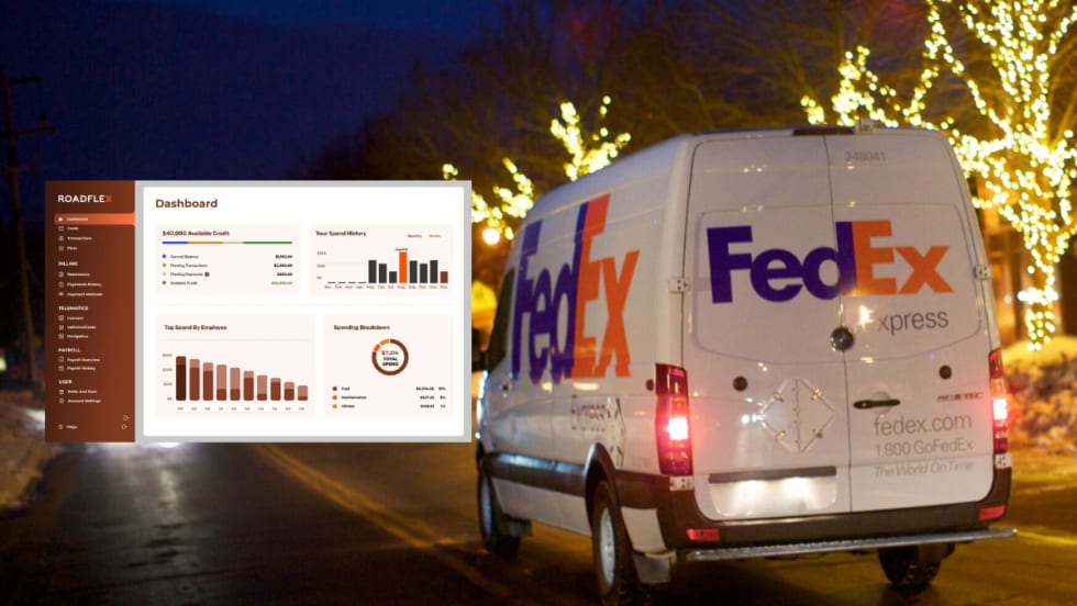 FedEx delivery van at night with RoadFlex fleet dashboard overlay showing spend history, employee costs, and breakdown of fuel and maintenance.