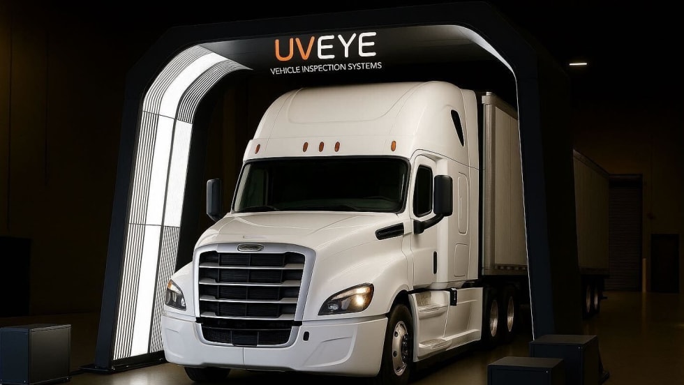 Photo of Freightliner truck driving through a futuristic-looking UVeye scanner