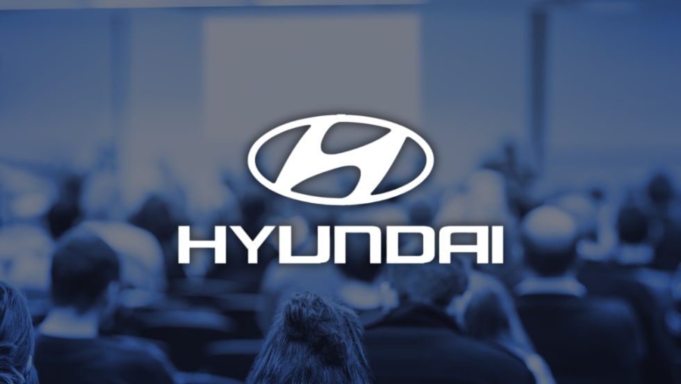 Hyundai logo displayed at CEO Investor Day event, where the company outlined its electrification, software, and manufacturing strategy to investors in New York.
