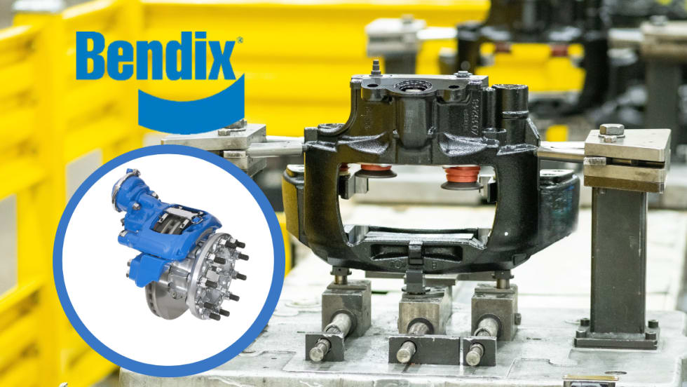 Background photo of the manufacturing of an air disc brake, inset photo in a circle of a finished disc brake, and a logo for Bendix top left.