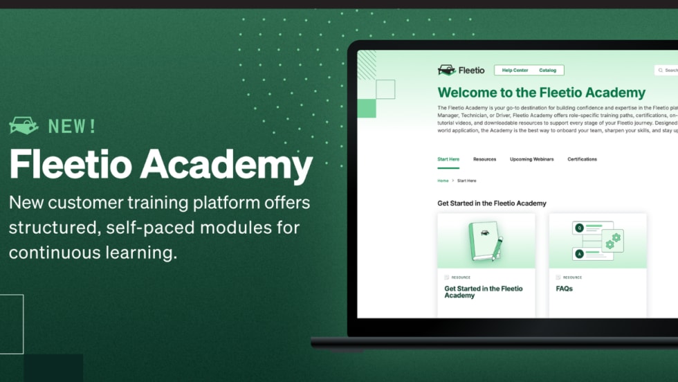 Green background with inset image of laptop screen and headline and white text for Fleetio Academy.