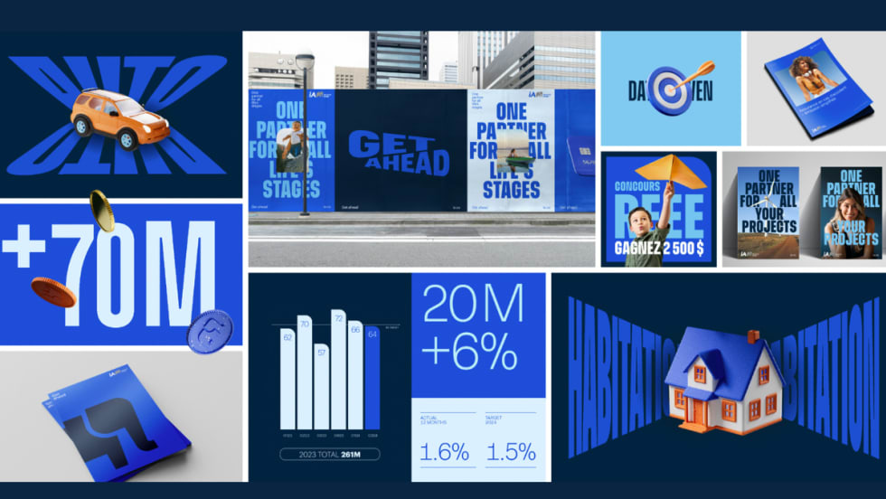 Collage of iA Financial Group’s new “Get Ahead” branding with billboards, charts, coins, a car, a house, and promotional graphics highlighting growth, savings, and client services.