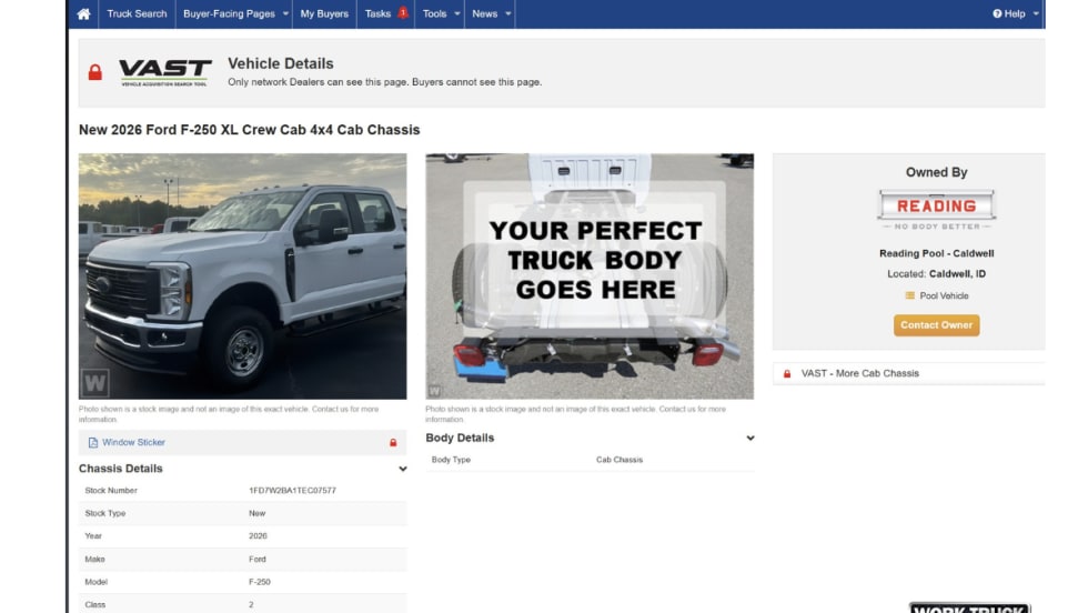 Computer screen showing inventory details and a work truck.