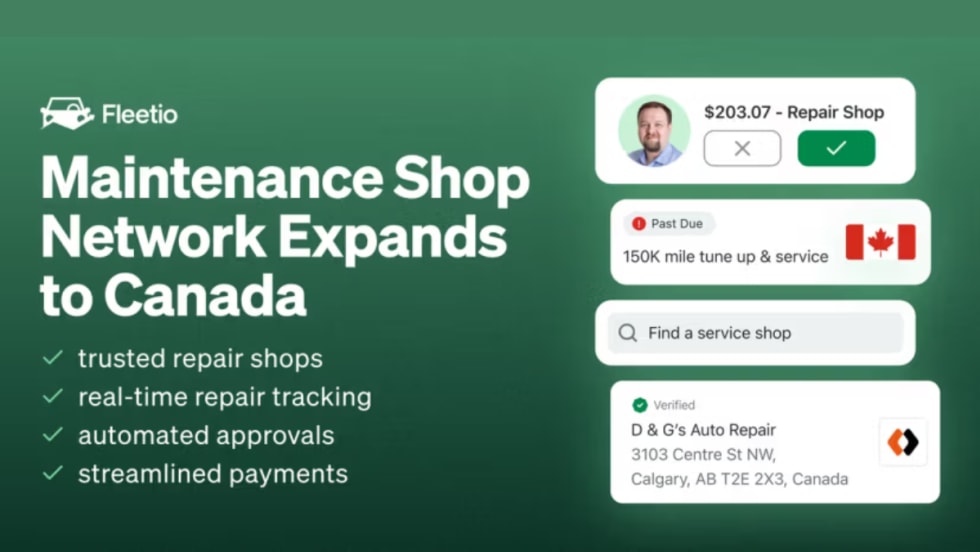 Fleetio graphic announcing Maintenance Shop Network expansion into Canada with features like trusted repair shops, real-time tracking, automated approvals, and streamlined payments.