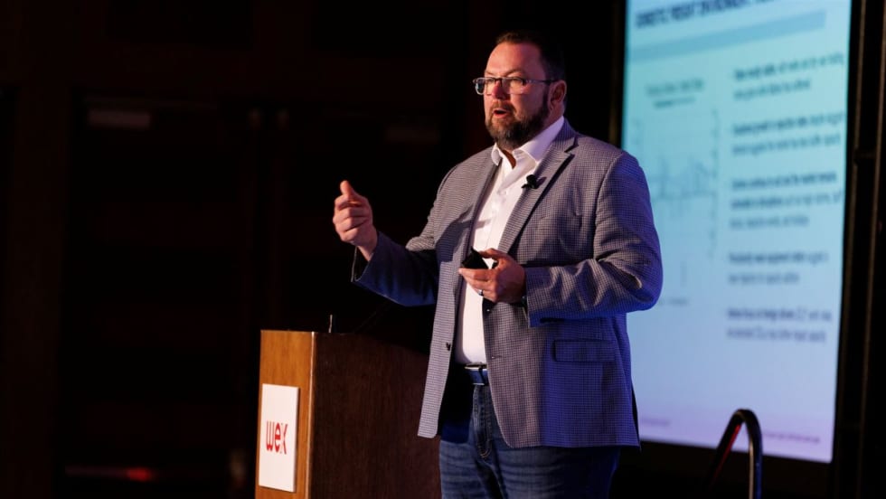 Werner Enterprises CEO Derek Leathers on stage at Wex OTR Summit