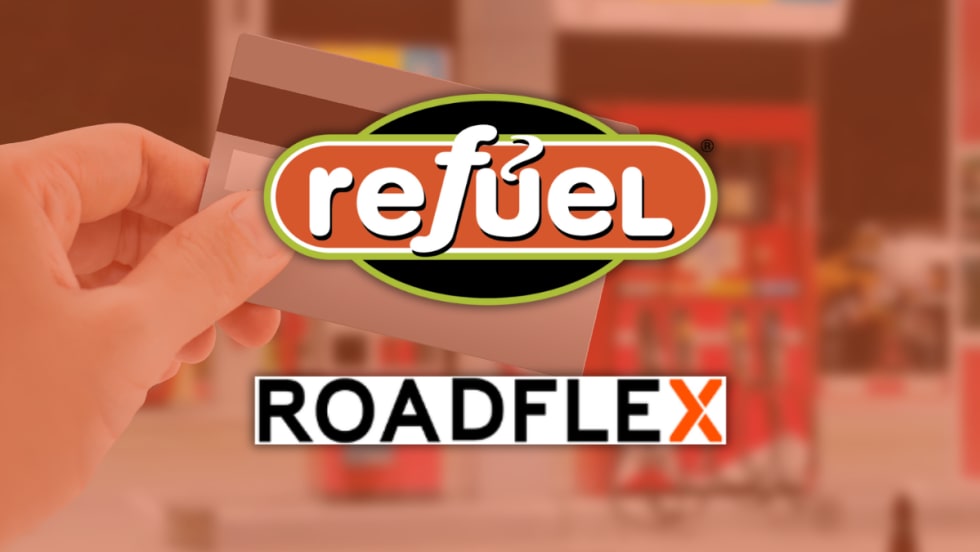 Logos of Refuel and RoadFlex over a blurred image of a gas station, representing their new partnership expanding fleet fueling access and savings.