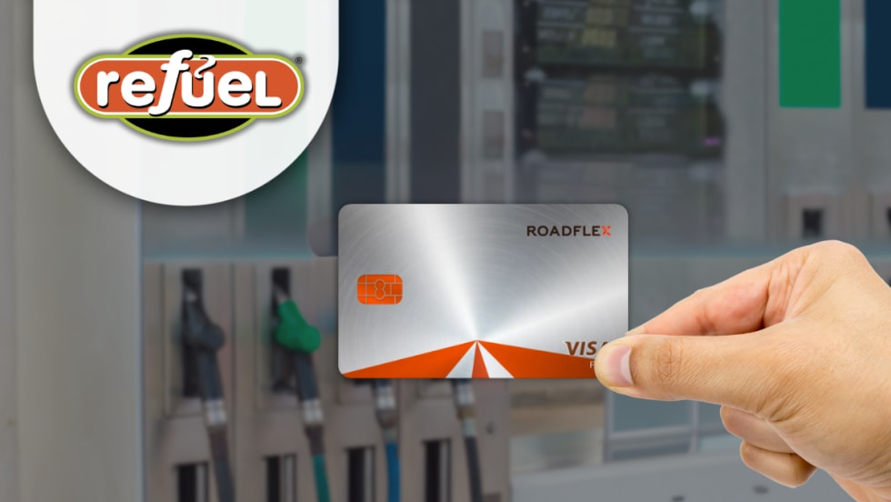 A person holds a RoadFlex Visa fleet card in front of a gas pump, with the Refuel logo visible in the background, representing the new partnership expanding fueling access for government fleets.