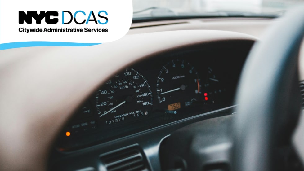 Close-up of a vehicle speedometer representing NYC DCAS efforts to implement Intelligent Speed Assistance technology across city fleet vehicles.