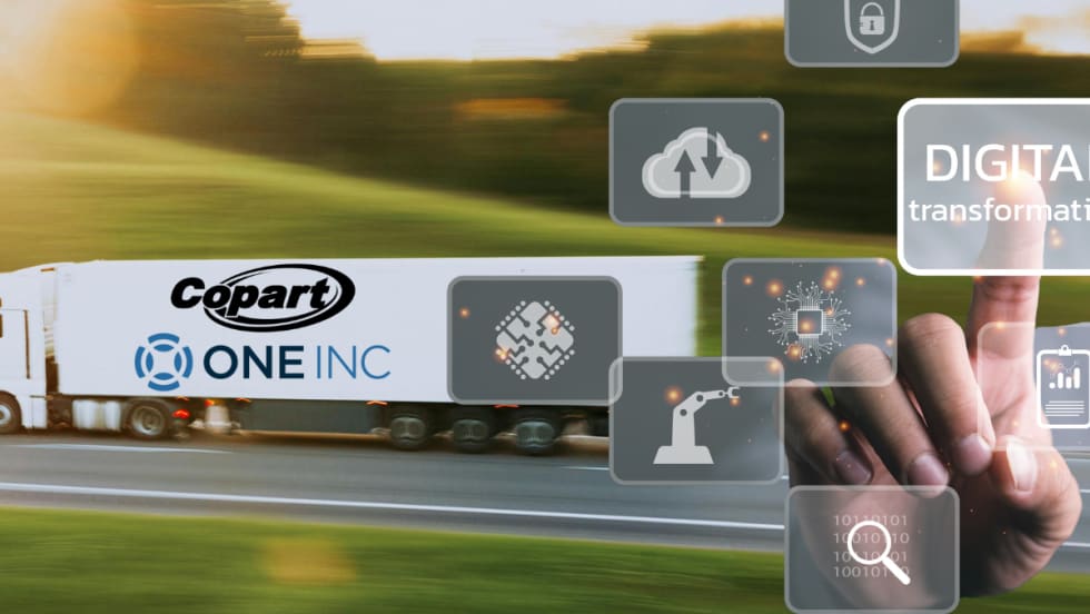 Truck with One Inc and Copart logos showing digital payment and automation icons representing faster lienholder payments.