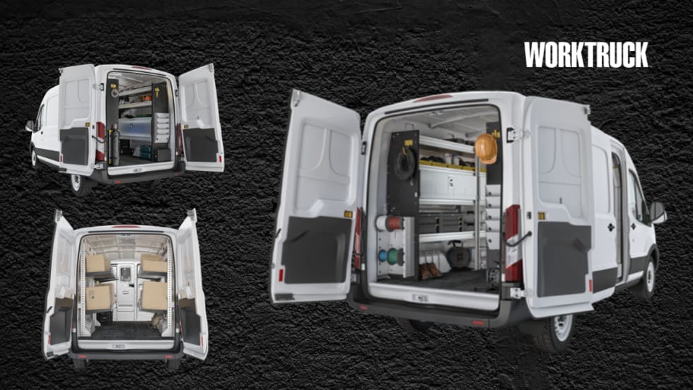 Ford Transit vans with factory-installed shelving, bins, and storage systems for contractors, electricians, and delivery fleets, shown with open rear doors on a textured black background 