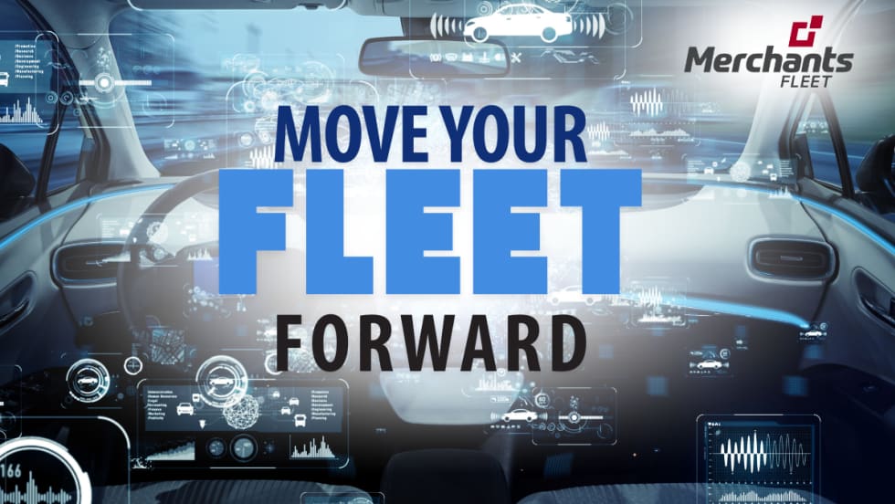 Interior of a modern vehicle with digital dashboard graphics overlay and the words “Move Your Fleet Forward” beside the Merchants Fleet logo.